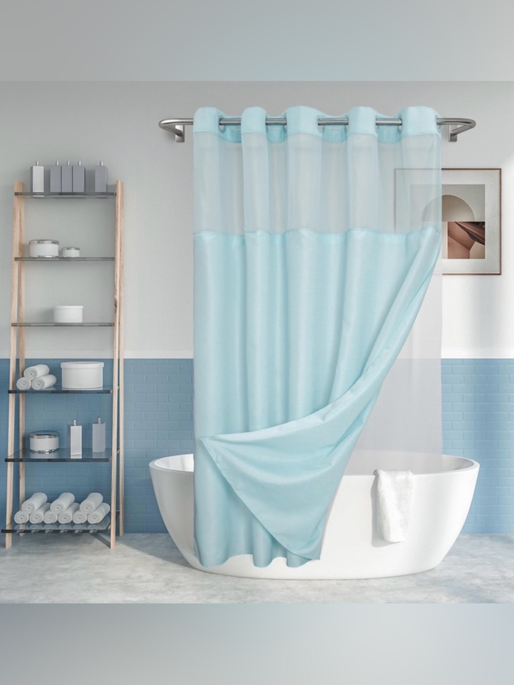 Aqua Blue Shower Curtain with Sheer Top